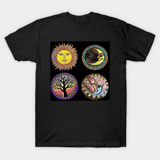 4 Tattoo Symbols Sun,Moon,Tree and Bluebird T-Shirt